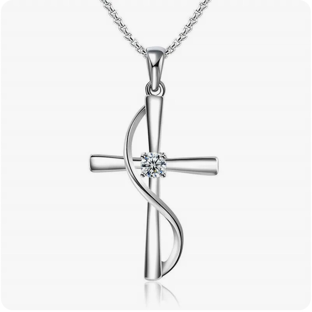 Silver Cross White Rhinestone Pendant Necklace 16” chain